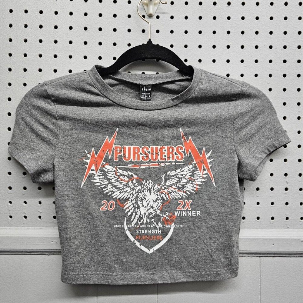 Shein 'Pursuers' Workout Crop-Top Tee Shirt Women's 2 XS (Grey/Orange)